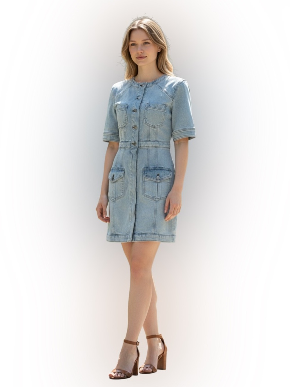 NWOT Express Light Blue Denim Padded Shoulder Button up mini dress Size Small